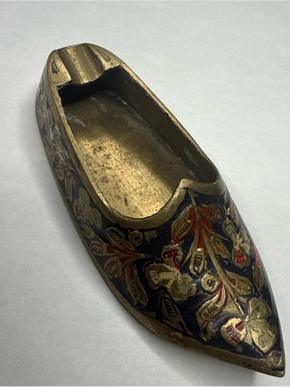 Vintage Indian Brass Shoe Shaped Trinket Dish Vessel Enamel Floral Decor India